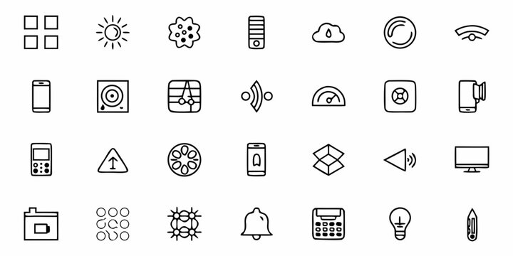 Collection of various user interface icons representing different functionalities and features in black and white