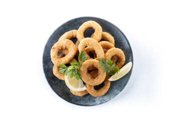 Crispy fried squid rings isolated on white background