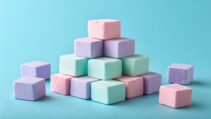 Obraz premium Colorful pastel soap cubes stacked in a pyramid arrangement on blue