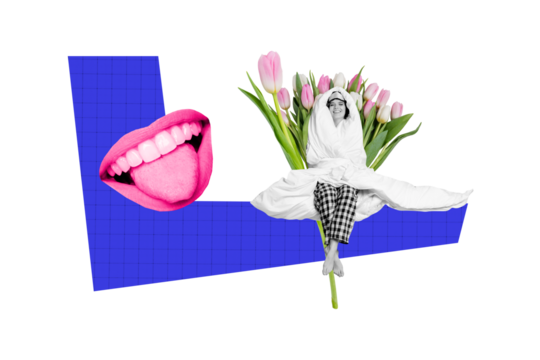 Creative collage picture woman face fragment tongue teeth march holiday valentine day covered blanket tulips bouquet drawing background
