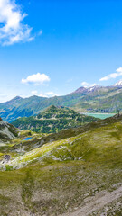 Austria, 08-2025 : wide shot of weißsee lake, moutains and glaciers, on a sunny day.
