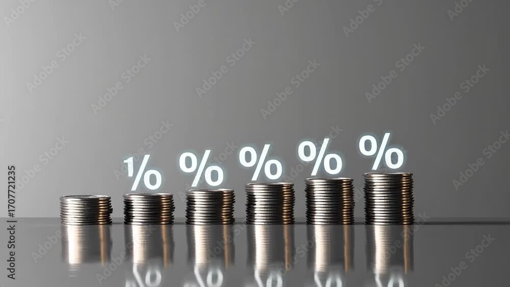 Poster stacks of coins showing increasing financial profits with percentage symbol floating above them, rep