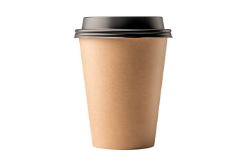 Brown disposable coffee cup with a black lid, isolated on a white background.