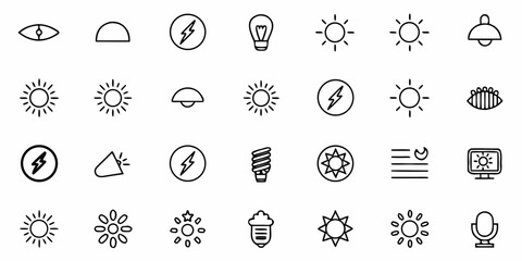 Collection of various light related icons including suns bulbs and electrical symbols in a grid layout
