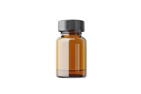 Brown glass vial with a black cap, isolated on a white background, used in laboratories for storing liquids.