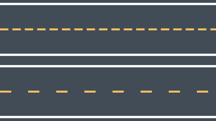 Vector illustration of asphalt road lanes with yellow and white dashed lines. Perfect for maps, transportation design, traffic signs, driving tutorials, or city planning projects. © Srikanth_K