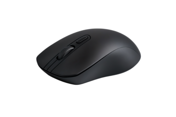 Close-up of a modern wireless computer mouse on a solid black background, showcasing sleek design and ergonomic features.