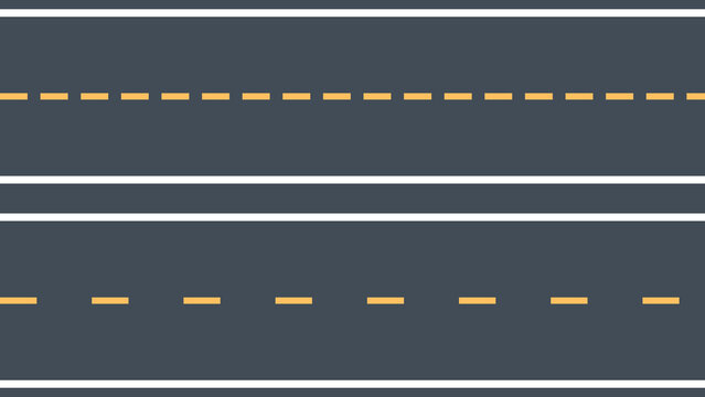 Vector illustration of asphalt road lanes with yellow and white dashed lines. Perfect for maps, transportation design, traffic signs, driving tutorials, or city planning projects.