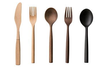 Collection of wooden cutlery including knife, fork, and spoon on a white isolated background.