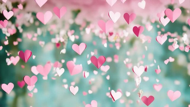 A whimsical scene of pink hearts suspended in mid-air
