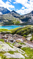 Austria, 08-2025 : wide shot of Weißsee lake, mountains and glaciers in background