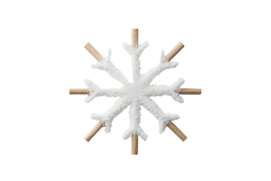 Decorative snowflake design with wooden accents isolated on a white background.