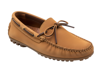 A tan suede moccasin isolated on transparent background, featuring a classic design with leather laces and comfortable construction for casual wear