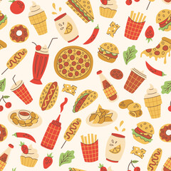 Playful Food and Drink Seamless Pattern. Modern Hand drawn Background with colorful Fast Snacks and Beverages. Trendy cafe restaurant menu design. Flat Vector Illustration