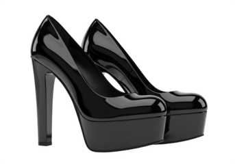 Sleek black patent leather platform pumps isolated on transparent background, perfect for a night out with a high heel and glossy finish for a bold statement