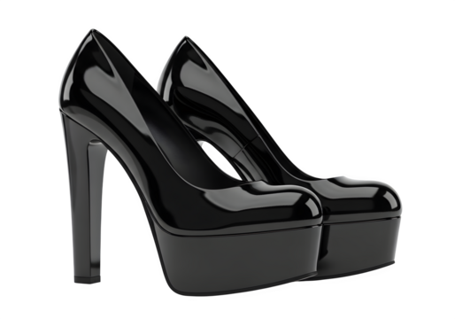 Sleek black patent leather platform pumps isolated on transparent background, perfect for a night out with a high heel and glossy finish for a bold statement