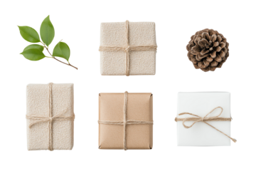 Five beautifully wrapped gifts with natural elements on a white background, perfect for holiday decoration and celebration.