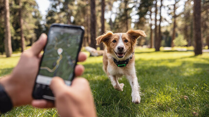 Happy dog with GPS collar running in park, person tracking location on smartphone, outdoor scene, sunny day, playful moment, smart pet technology.