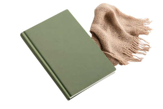 Green book with textured cover and a soft scarf on a white isolated background.