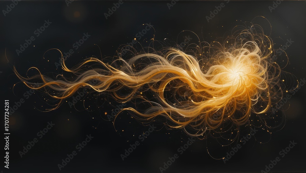 Wall mural abstract golden light swirl with sparkling particles and fluid motion on a dark background