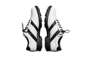 A pair of white golf shoes with black stripes isolated on transparent background, offering a clean and classic look for the discerning golfer