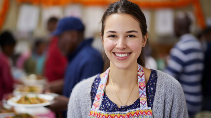 Smiling volunteer wears colorful apron while serving food at a community event, showcasing warmth and generosity in a vibrant atmosphere
