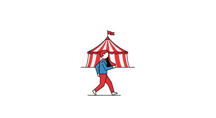A minimalist illustration of a person walking while carrying a large red and white striped circus tent on their shoulders.