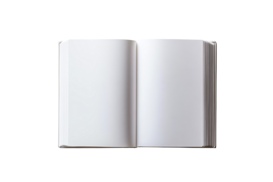 Open blank notebook with plain pages on a white isolated background, ideal for customization and presentations.