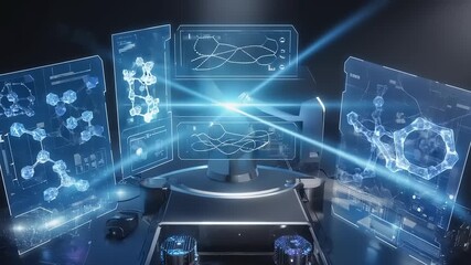 Futuristic desk with luminous displays of molecules & abstract data - Powered by Adobe