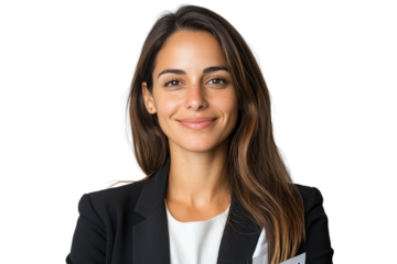 Professional woman in a blazer smiling confidently, isolated on a white background.