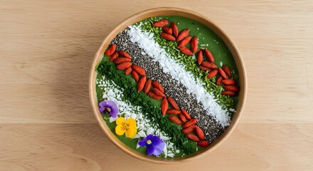Overhead shot displaying a vibrant green smoothie bowl, creatively arranged with colorful toppings and edible