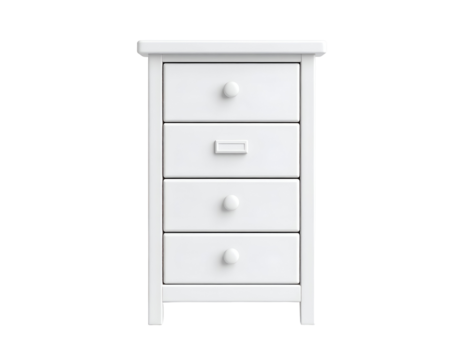 White Wooden Chest of Drawers with Four Storage Drawers and Different Knobs, Isolated