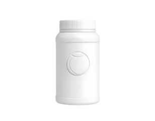 Blank white opaque plastic bottle with ribbed cap and embossed circle logo, isolated on black for product mockup