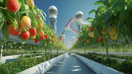 Innovative autonomous farming with robotics and hydroponics in a futuristic greenhouse