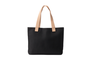 Stylish black tote bag with beige straps on a white isolated background, perfect for daily use and versatile for any occasion.