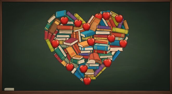 Heart shaped stack of colorful books and vibrant red apples on a chalkboard conveys education appreciation. - Powered by Adobe