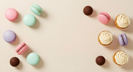 Obraz premium Overhead shot showcases macarons, cupcakes, and chocolate truffles against a light beige backdrop with copy space