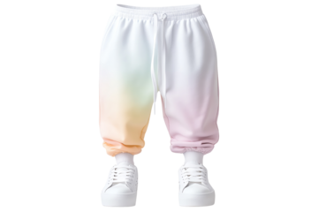 Stylish, colorful jogger pants with gradient design, paired with fashionable white sneakers.
