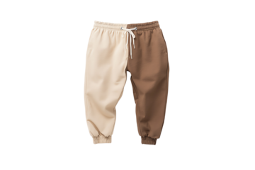 Stylish jogger pants in beige and brown on a white isolated background.