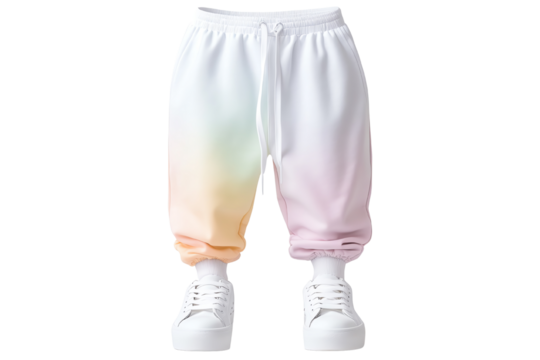 Stylish, colorful jogger pants with gradient design, paired with fashionable white sneakers.