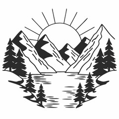 Minimilist illustration of a mountain range with a lake and trees under a rising sun in a monochrome style vector