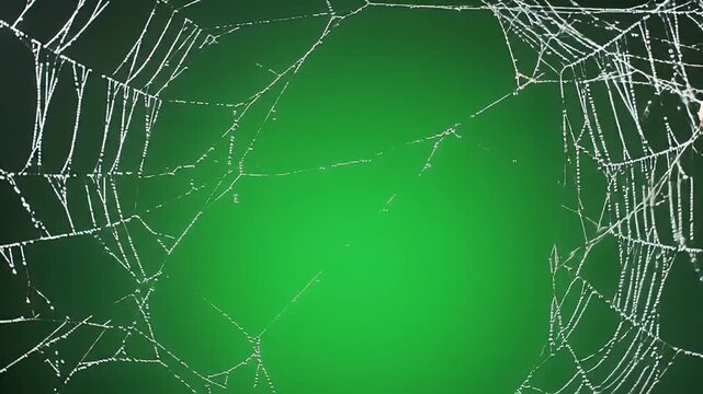 Intricate spider web overlay on vibrant green screen background, ideal for chroma key compositing, Halloween, and spooky video effects
