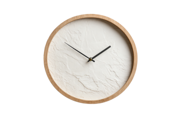 Stylish wall clock with a minimalist design, featuring a textured white face and wooden frame, perfect for modern home decor.