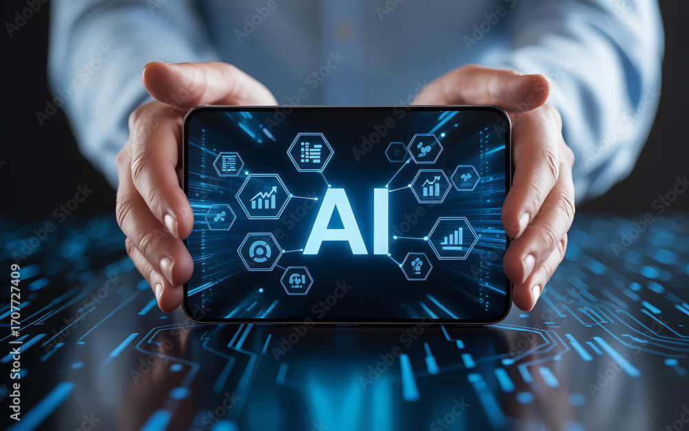 Poster hands holding a smartphone displaying the ai logo surrounded by futuristic digital icons and glowing