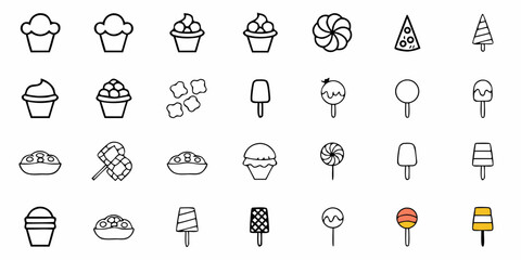 Delightful collection of hand-drawn sweet treats and desserts including cupcakes, popsicles, lollipops, and pizza slices for joyful designs