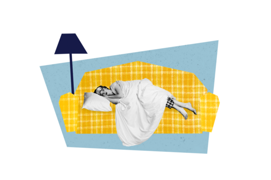 Creative collage young woman fall asleep couch lamp interior indoors blanket nap dream relaxation rest drawing background