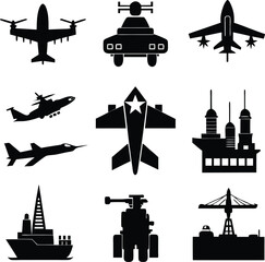 Military Icons: Black Silhouettes of Aircraft, Vehicles, and Ships