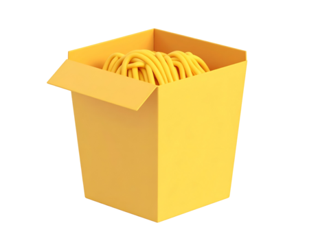Minimalist 3D render of yellow noodles in an open takeout box, isolated on a black background, perfect for food delivery concepts.