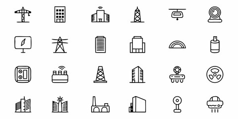 Modern city skyline icons featuring diverse architectural styles, power infrastructure, and futuristic elements for urban planning and design projects
