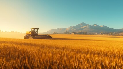 Naklejka premium Innovative farming technology enhances crop harvesting in golden wheat fields at sunrise